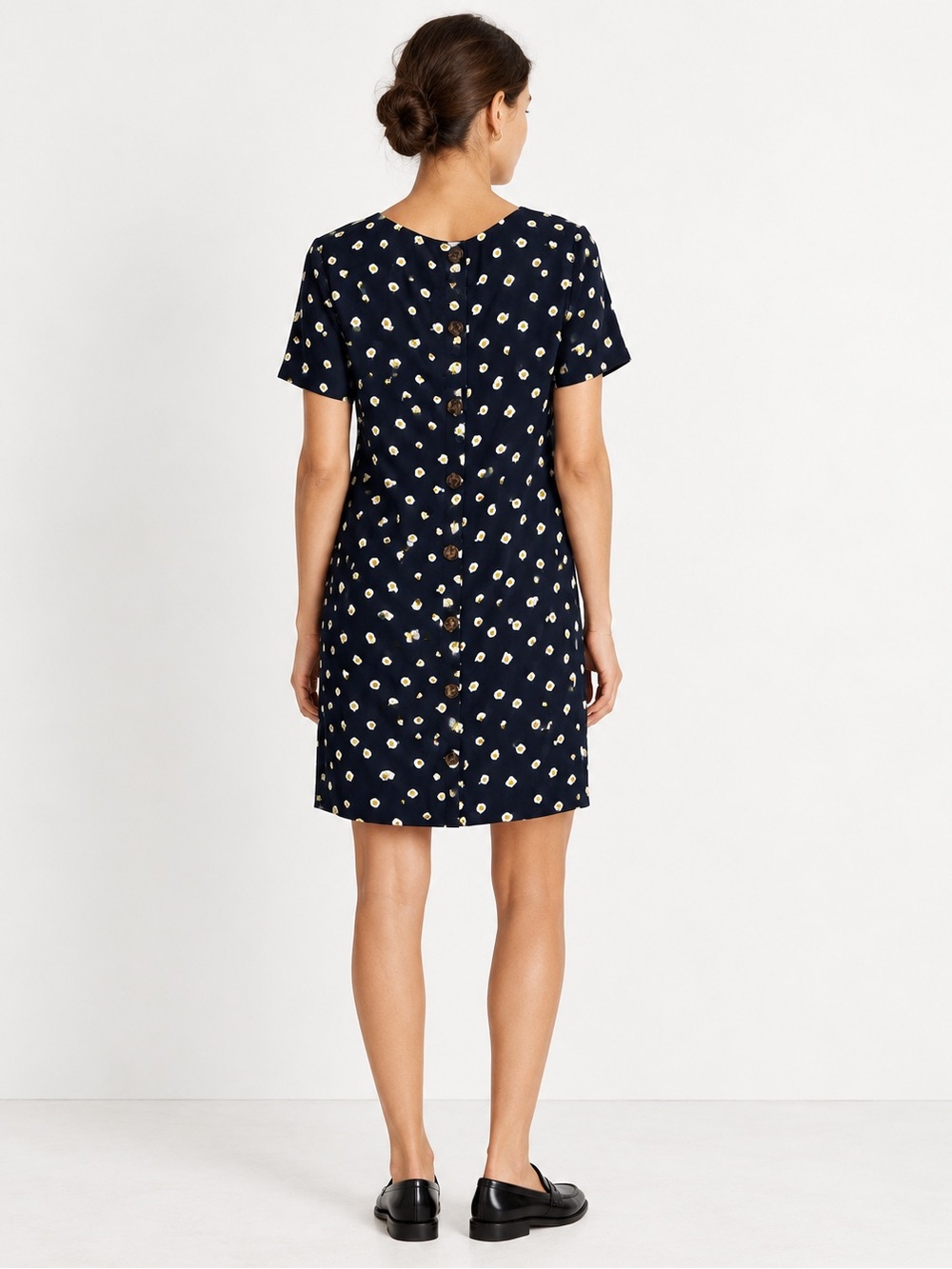Madewell Navy Short-Sleeve Midi Dress with White & Yellow Floral Print Size M
